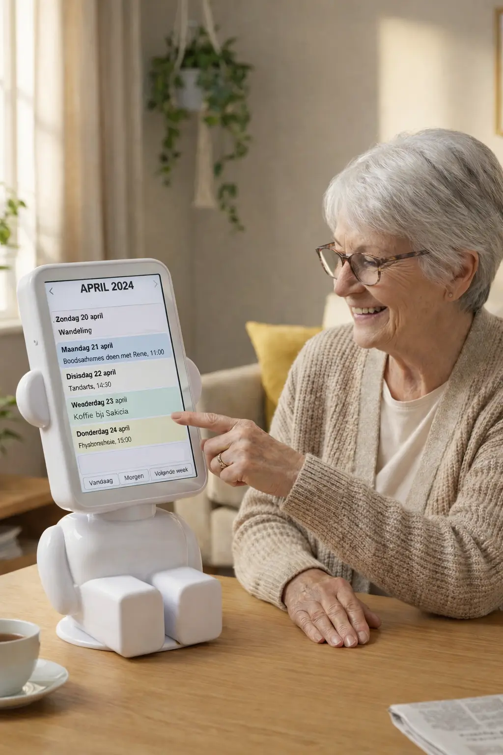 Oudere man bekijkt dagplanning met Buddy AI-assistent bij het ontbijt