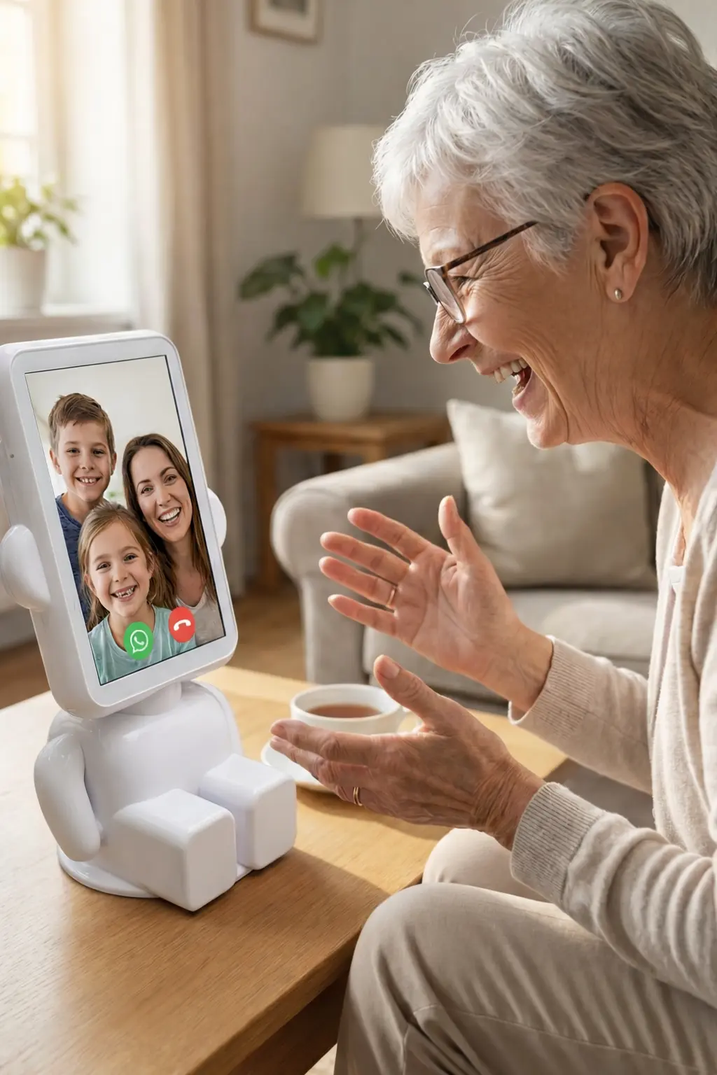 Oudere vrouw videobelt met dochter via Buddy AI-assistent